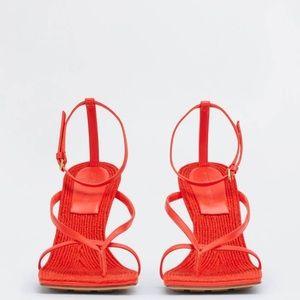 Tomato Red Bottega Veneta stretch leather and rope sandals. Size 39.5